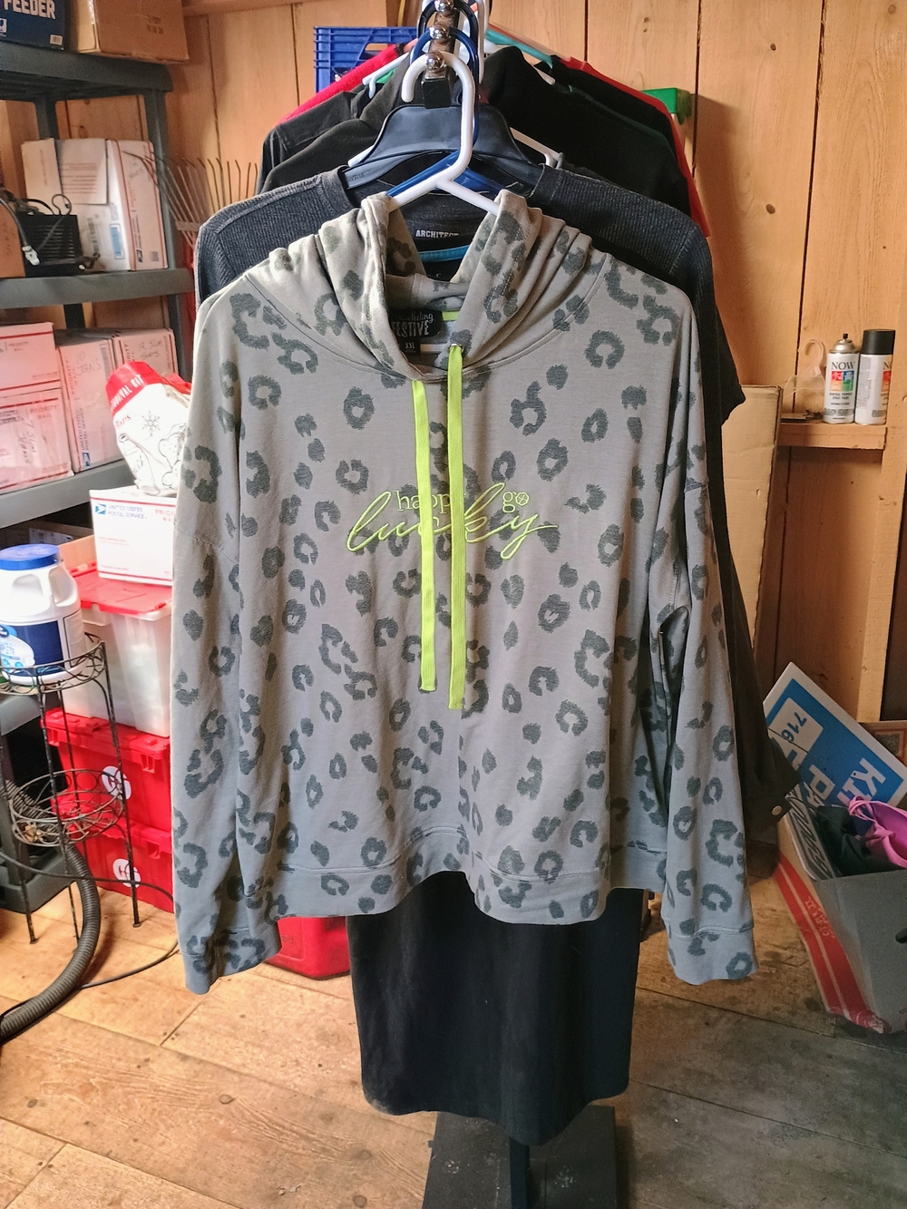 Live Lucky Gray Leopard-Print Hoodie Sweatshirt - Neon Drawcord Bin 5